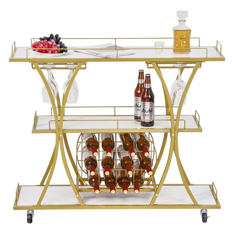 US GARVEE Gold Bar Cart with Wheels 3 Tier Bar Serving Cart with Glass Holder and Wine Rack
