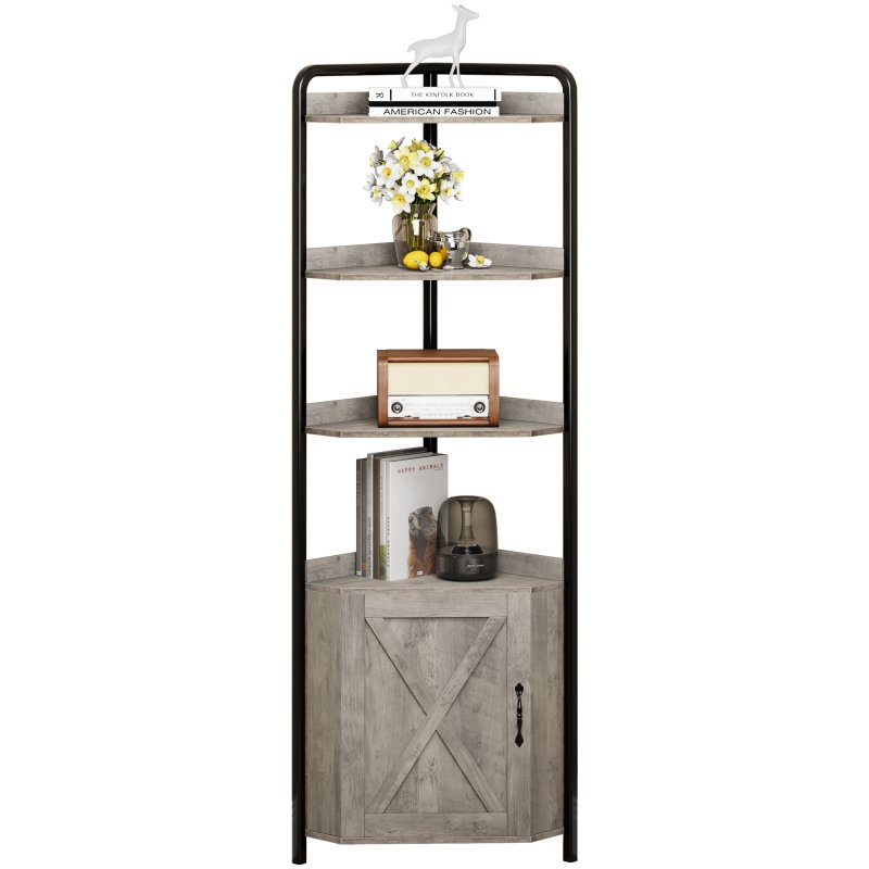 US GARVEE Grey Corner Cabinet with Storage, 5 Tiers 70.9 Inches Corner Canbiet with Door, Farmhouse Freestanding Corner Bookshelf with Protective Fence, Tall Corner Display Shelf for Kitchen, Living Room