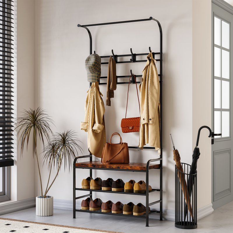 US GARVEE Hall Tree Bench, Rustic Brown with 8 Hooks, Storage Bench with Hanging Bar, Coat Rack for Entryway, Hallway, Bedroom