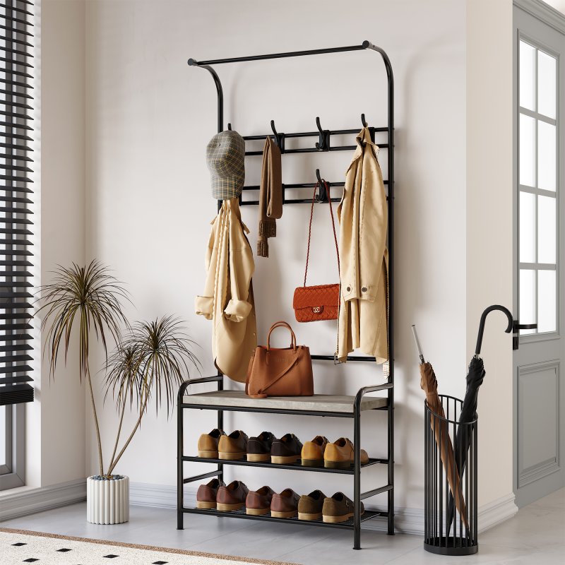 US GARVEE Hall Tree Entryway Bench, Coat Rack Shoe Bench with 8 Hooks, 4-in-1 Coat Rack Storage Bench with Hanging Bar, Coat Tree for Entryway, Hallway, Bedroom, Rustic Gray