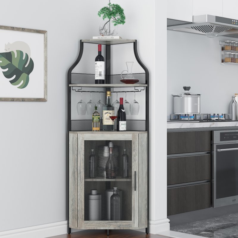 US GARVEE Industrial Corner Wine Cabinet, Removable Rack & Glass Holder