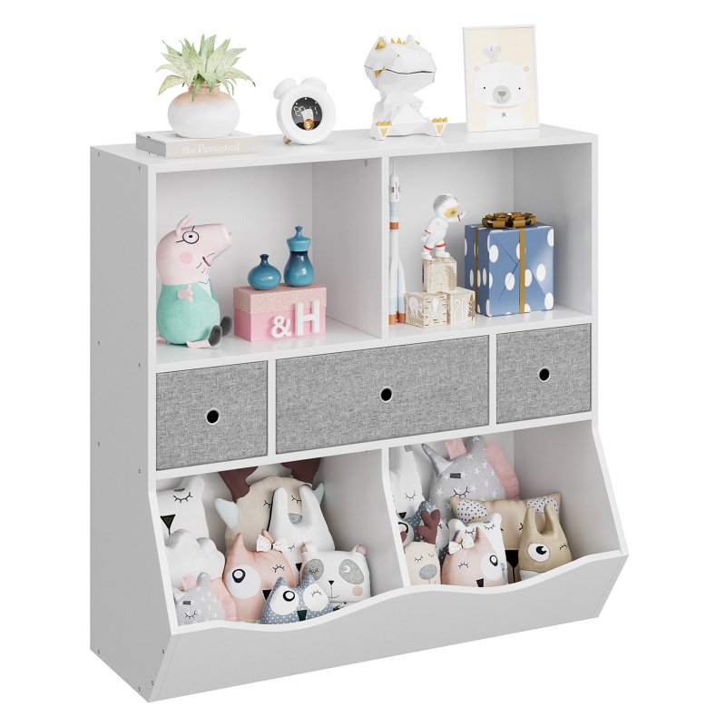 US GARVEE Kids Toy Storage Organizer with Bookcase, Kids Bookshelf, Toddler Bin Storage Unit with 7 Compartments and 3 Removable Drawers for Girls, Boys, Bedroom, Playroom, Nursery (White)