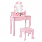 US GARVEE Kids Vanity Set with Mirror,Kids Vanity Table and Chair Set Girls' Makeup Dressing Table with Lights & Wood Makeup Playset for Age 4-9 Years