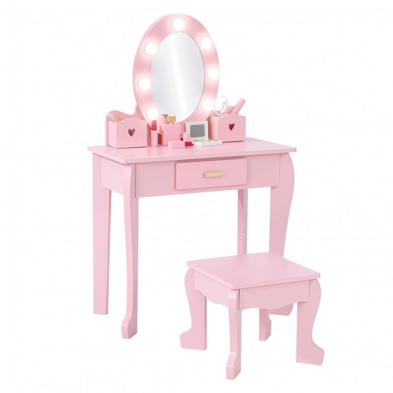 US GARVEE Kids Vanity Set with Mirror,Kids Vanity Table and Chair Set Girls' Makeup Dressing Table with Lights & Wood Makeup Playset for Age 4-9 Years