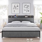 US GARVEE King Size Bed Frame, Storage Headboard with Charging Station, Platform Bed Frame with 2 Drawers, No Box Spring Needed, Easy Assembly, Gray