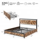 US GARVEE King Size Bed Frame with 4 Storage Drawers, Metal Platform Bed Frame with Rustic Vintage Wood Headboard, Strong Metal Slats Support, No Box Spring Needed, Noise Free, Easy Assemble (Walnut)