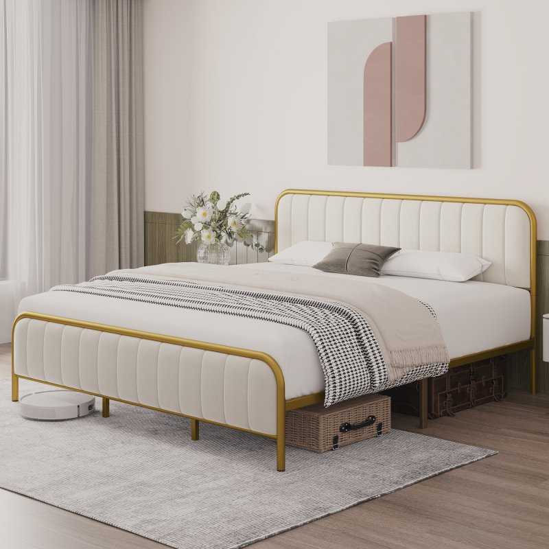 US GARVEE King Size Bed Frame, Gold Metal Frame with Headboard and Footboard, Under Bed Storage Space and, Heavy Duty, Noise Free Design, No Box Spring Needed