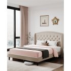 US GARVEE King Size Upholstered Platform Bed Frame + Wingback Headboard + Heavy Duty + Button Tufted + Velvet Fabric + Wood Slat Support + Easy Assembly + No Box Spring Needed + Off White