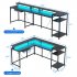 US GARVEE L Gaming Desk 68 Inch Home Office Desk with File Drawer   Power Outlet LED Lights Black