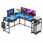 US GARVEE L Gaming Desk 68 Inch Home Office Desk with File Drawer & Power Outlet LED Lights Black