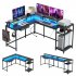 US GARVEE L Gaming Desk 68 Inch Home Office Desk with File Drawer   Power Outlet LED Lights Black