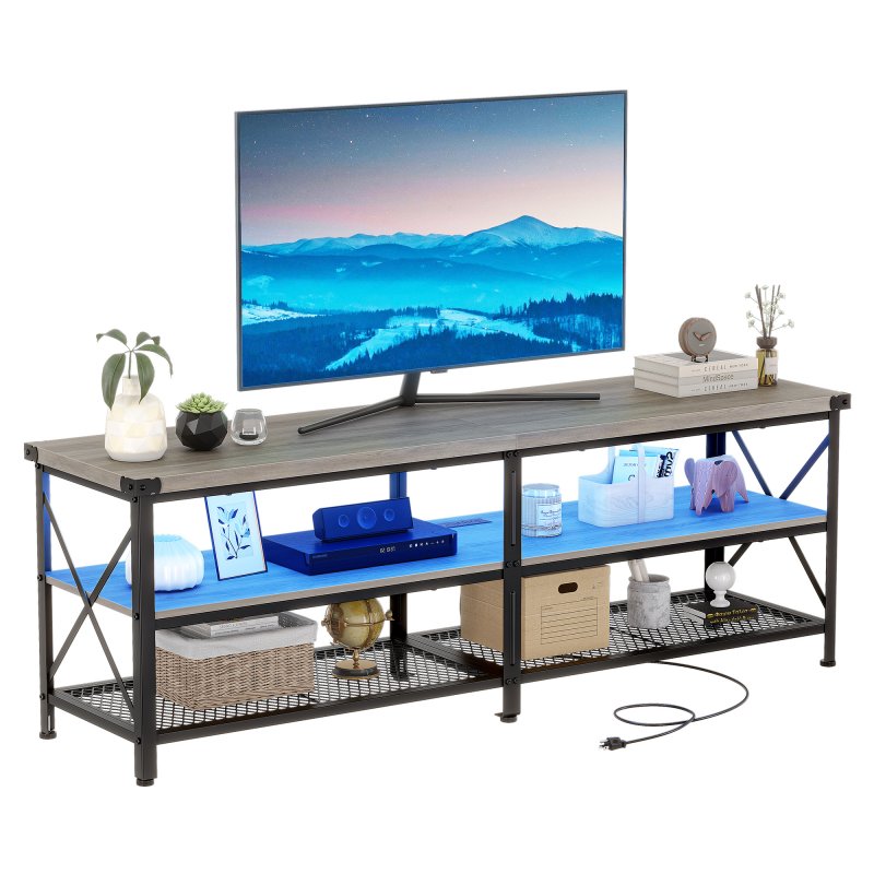 US GARVEE LED TV Stand, Entertainment Center for 70 inch TV Media Console Table, Gaming TV Stand with Storage Shelves and Power Outlets, Industrial TV Console Furniture for Living Room