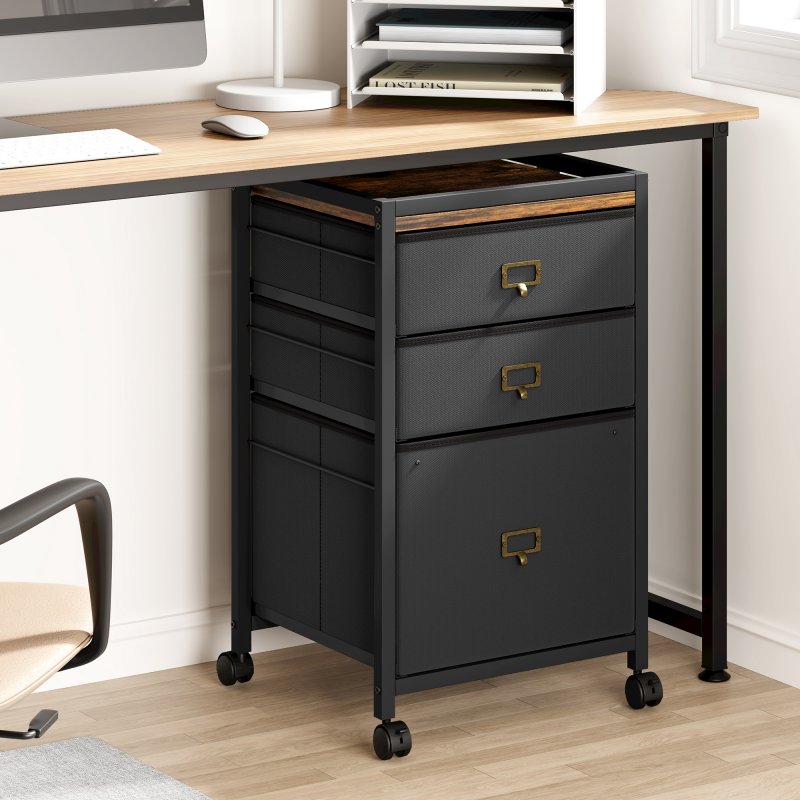 US GARVEE Mobile 3-Drawer File Cabinet with Wheels, Metal Frame, MDF Top, Fits Letter/A4, Rustic Black, Home Office Storage