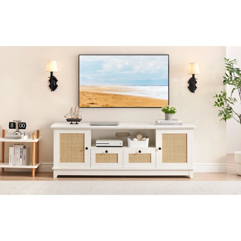 US GARVEE Modern Rattan TV Stand for 65+ Inch TV, MDF Wood, Adjustable Shelves, Cable Management, 2 Drawers, Living Room