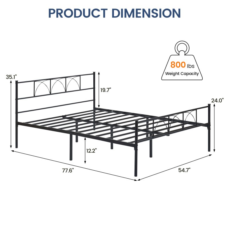US GARVEE Modern Stylish Iron Bed Frame with Headboard & Footboard, Firm Support, Metal Platform, No Box Spring Needed, Black, Full