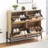 US GARVEE Natural Rattan Shoe Cabinet  4 Flip Doors  Sturdy MDF  Hand Woven Rattan  Adjustable Shelves  Metal Legs  Entryway Oak