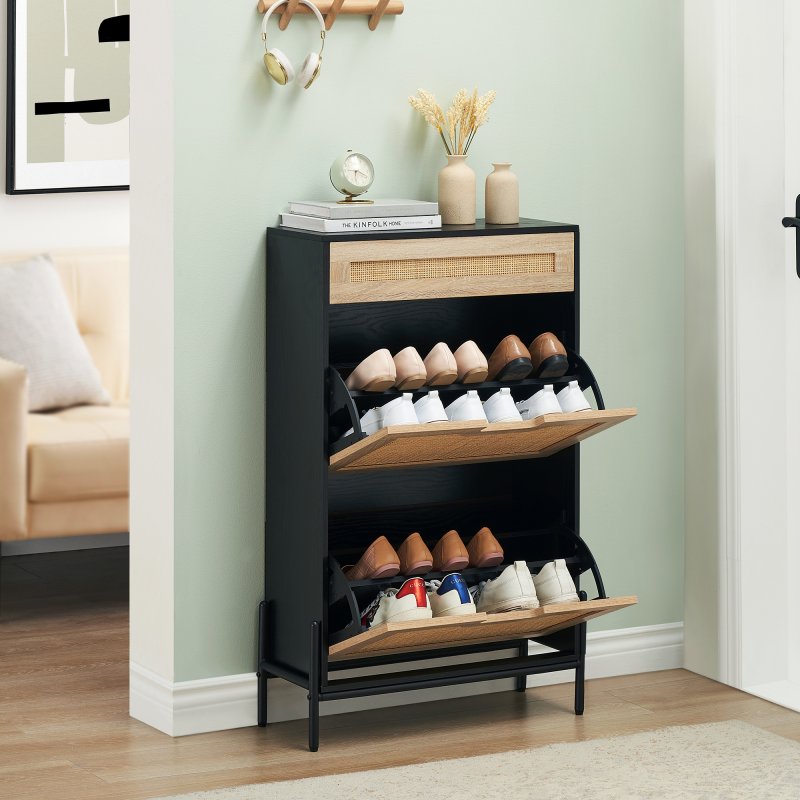 US GARVEE Natural Rattan Shoe Rack Storage Cabinet + Large Capacity + Adjustable Shelves + Solid Wood + Metal Support Feet + Entryway, Hallway