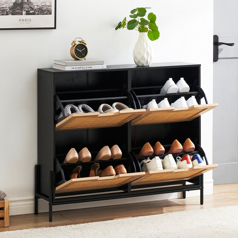 US GARVEE Natural Rattan Shoe Cabinet with 4 Flip Drawers, Entryway Hallway Free Standing Shoe Racks, Hidden Shoe Cabinet with Metal Legs for Heels, Boots, Slippers, Sneakers