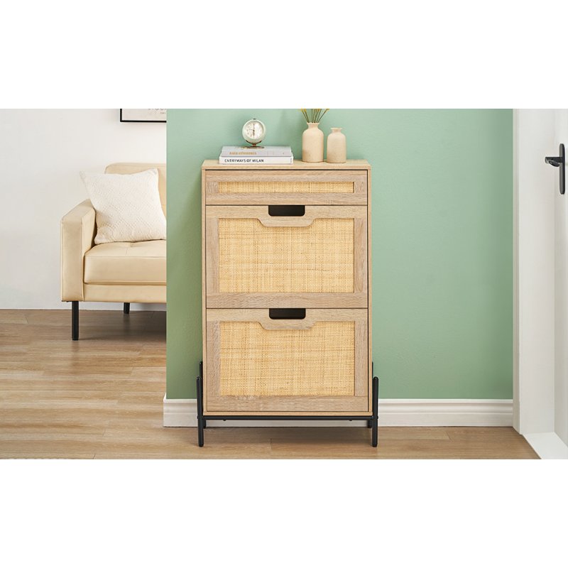 US GARVEE Natural Rattan Shoe Rack with 2 Flip Doors & 1 Drawer, Adjustable Shelves, Metal Feet, Oak Color, for Entryway