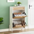 US GARVEE Natural Rattan Shoe Rack Storage Cabinet + Elegant Design + 2 Flip Doors + Solid Wood + Adjustable Shelves + Metal Support Feet + Entryway, Hallway