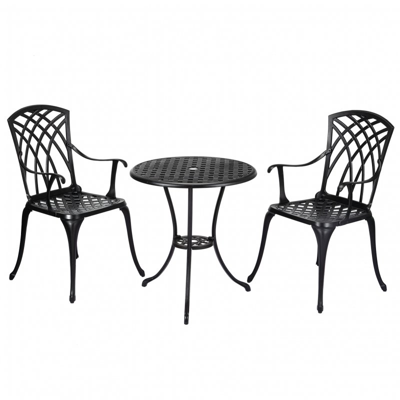 US GARVEE Patio Bistro Set with Umbrella Hole, 3 Piece Cast Aluminum Bistro Table and Chairs Set, Patio Table and Chairs, Bistro Set for Patio Backyard, Garden, Patio Balcony, Black