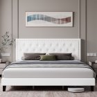 US GARVEE Queen Bed Frame,Upholstered Platform Bed with Diamond Button Tufted & Adjustable Headboard, Faux Leather, Wood Slats Support, Easy Assembly, No Box Spring Needed,White