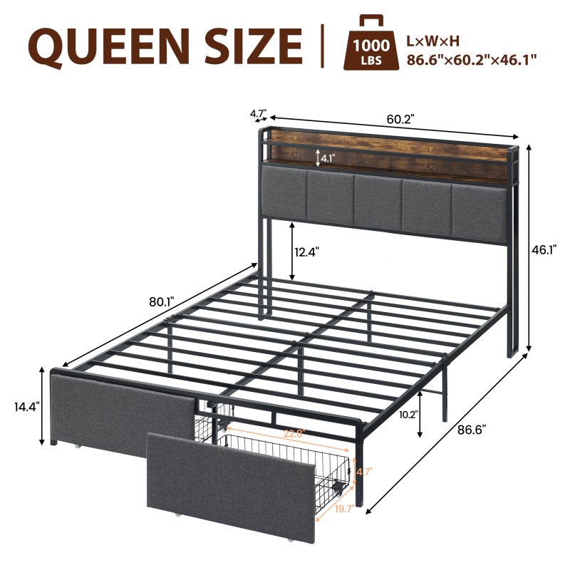 US GARVEE Queen Bed Frame with 2-Tier Storage Headboard, Upholstered Platform Bed Frame with 2 Storage Drawers, Built in Charging Station & LED, Noise-Free/Metal Support/No Box Spring Needed, Brown