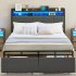 US GARVEE Queen Bed Frame with 2 Tier Storage Headboard  Upholstered Platform Bed Frame with 2 Storage Drawers  Built in Charging Station   LED  Noise Free Meta