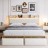 US GARVEE Queen Bed Frame with Storage Headboard and 2 Drawers LED Lights Metal Platform Bed Frame with USB Ports Outlets  Noise Free  No Box Spring Needed  Whi
