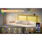 US GARVEE Queen Bed Frame with LED Lights, Curved Rattan Headboard, Wooden Support Legs, No Box Spring Needed, Easy Assembly