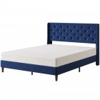US GARVEE Queen Bed Frame with Button Tufted Headboard, Fabric Upholstered Platform Queen Size Bed Frame with Headboard (Dark Blue Pull Point)