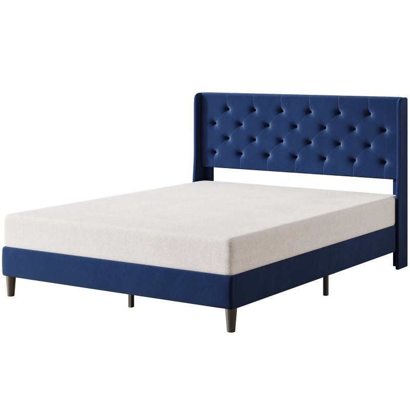 US GARVEE Queen Bed Frame with Button Tufted Headboard, Fabric Upholstered Platform Queen Size Bed Frame with Headboard (Dark Blue Pull Point)