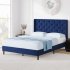 US GARVEE Queen Bed Frame with Button Tufted Headboard  Fabric Upholstered Platform Queen Size Bed Frame with Headboard  Dark Blue Pull Point 