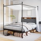 US GARVEE Queen Canopy Bed Frame with Charging Station, Metal Platform, Upholstered Linen Headboard, 4