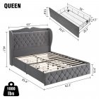 US GARVEE Queen Size Bed Frame with 4 Storage Drawers, Charging Station, Velvet Upholstered, Tall Headboard, Wooden Slats, Grey