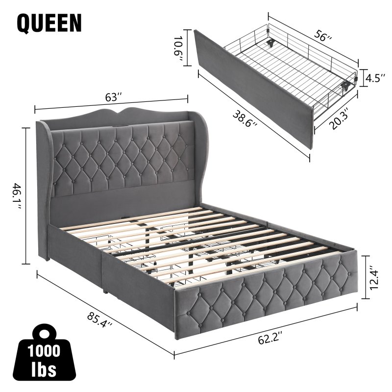 US GARVEE Queen Size Bed Frame with 4 Storage Drawers, Charging Station, Velvet Upholstered, Tall Headboard, Wooden Slats, Grey