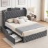 US GARVEE Queen Size Bed Frame with 4 Storage Drawers  Charging Station  Velvet Upholstered  Tall Headboard  Wooden Slats  Grey
