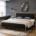 US GARVEE Queen Size Bed Frame + Modern Platform + Velvet Tufted Headboard + Heavy Duty Mattress Foundation + Gold Metal Frame + Wood Slats + No Box Spring Needed + Black