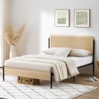 US GARVEE Queen Size Bed Frame with Rattan Headboard, Safe Rounded Corners, Strong Metal Slats, MDF Wood, Noise-Free, No Box Spring, White Oak