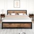 US GARVEE Queen Size Bed Frame Metal Platform   Wooden Headboard   Footboard   Heavy Duty Steel Slats   Rustic Brown