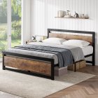 US GARVEE Queen Size Bed Frame Metal Platform + Wooden Headboard & Footboard + Heavy-Duty Steel Slats + Rustic Brown