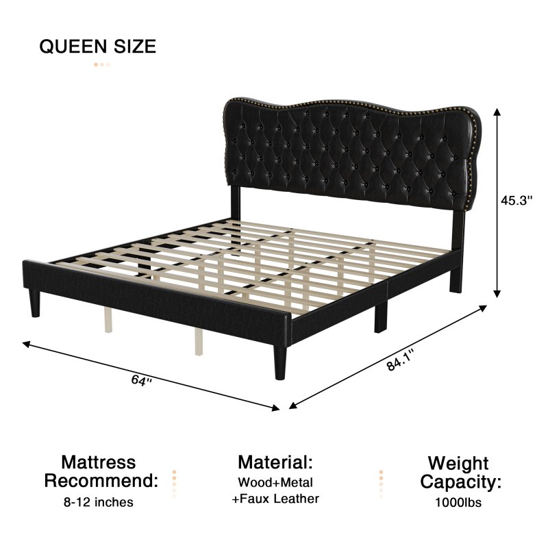 US GARVEE Queen Size Faux Leather Upholstered Platform Bed Frame - Wood Slats, Adjustable Headboard, and Heavy Duty Mattress Foundation, Noise Free Design and No Box Spring Needed in Black