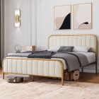 US GARVEE Queen Size Velvet Upholstered Bed Frame with Button Tufted Headboard, Gold Metal Frame, Wooden Slats, No Box Spring Needed