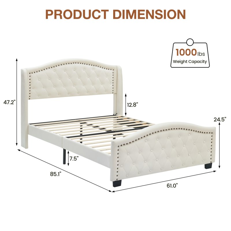 US GARVEE Queen Size Upholstered Platform Bed Frame with Tall Headboard, Luxurious Velvet Button Tufted and Nailhead Trim Wingback, Arched Footboard, No Box Spring Needed, Beige