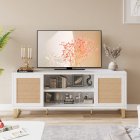 US GARVEE Rattan TV Stand for 65 Inch TV, Modern White Entertainment Center, MDF Wood, Sliding Doors, Shelves, Living Room, Bedroom