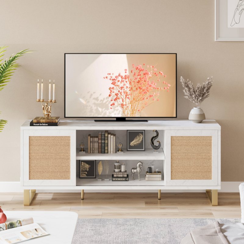 US GARVEE Rattan TV Stand for 65 Inch TV, Modern White Entertainment Center, MDF Wood, Sliding Doors, Shelves, Living Room, Bedroom