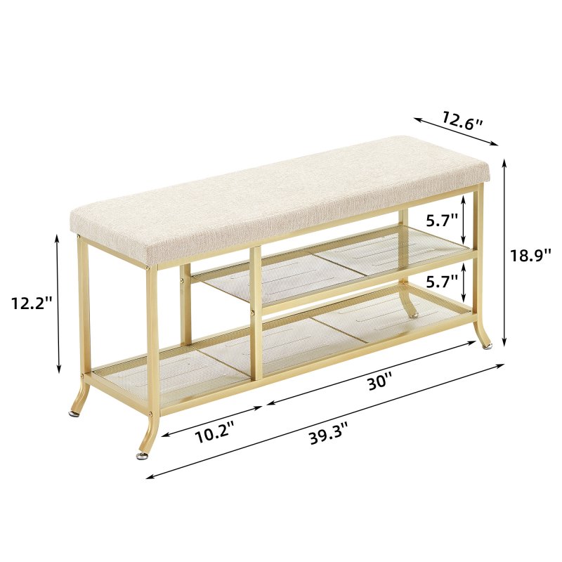 US GARVEE Shoe Rack Bench, 2 Tier Metal Storage Bench, Adjustable Shelf Entryway Bench, Metal Shoe Rack Organizer with Cushion, Shoe Storage Bench Living Room for Hallway, Golden