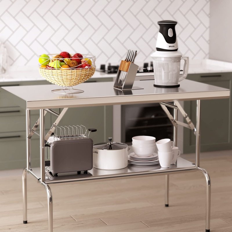 US GARVEE Stainless Steel Folding Table with Undershelf Commercial Kitchen Prep Table for Home Restaurant Hotel