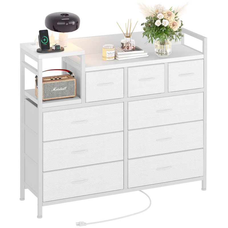 US GARVEE TV Stand with Charging Station, Bedroom Dresser for Living Room TV Stand with 9 Drawers, White