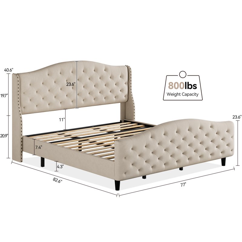US GARVEE Tufted Upholstered Platform Bed Frame with Headboard and Footboard, Raised Wing Back Headboard, Mattress Foundation and Wood Slat Support, No Box Spring Needed(King, Beige)